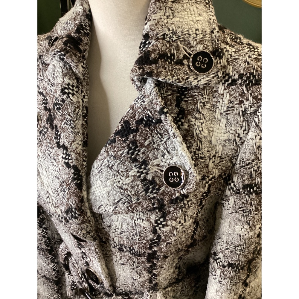 Maurices Womens Black White Brown Plaid Belted Pea Coat Jacket Size S Small - Picture 2 of 7